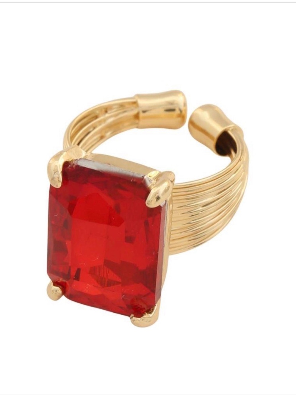 Gold Tone Women's Ring with Red Rectangular Stone
